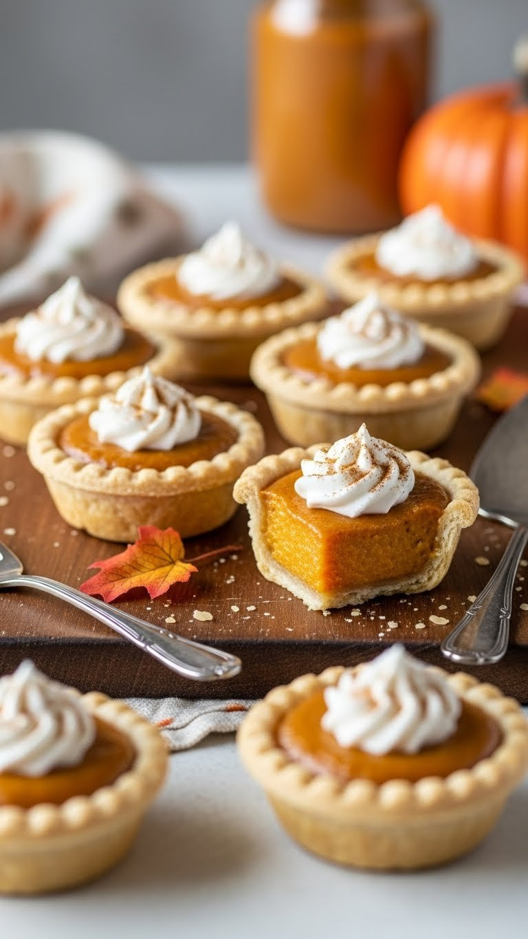 Golden-Brown Mini Pumpkin Pies With Whipped Cream And Cinnamon Garnish On Rustic Wooden Board In Soft Natural Lighting