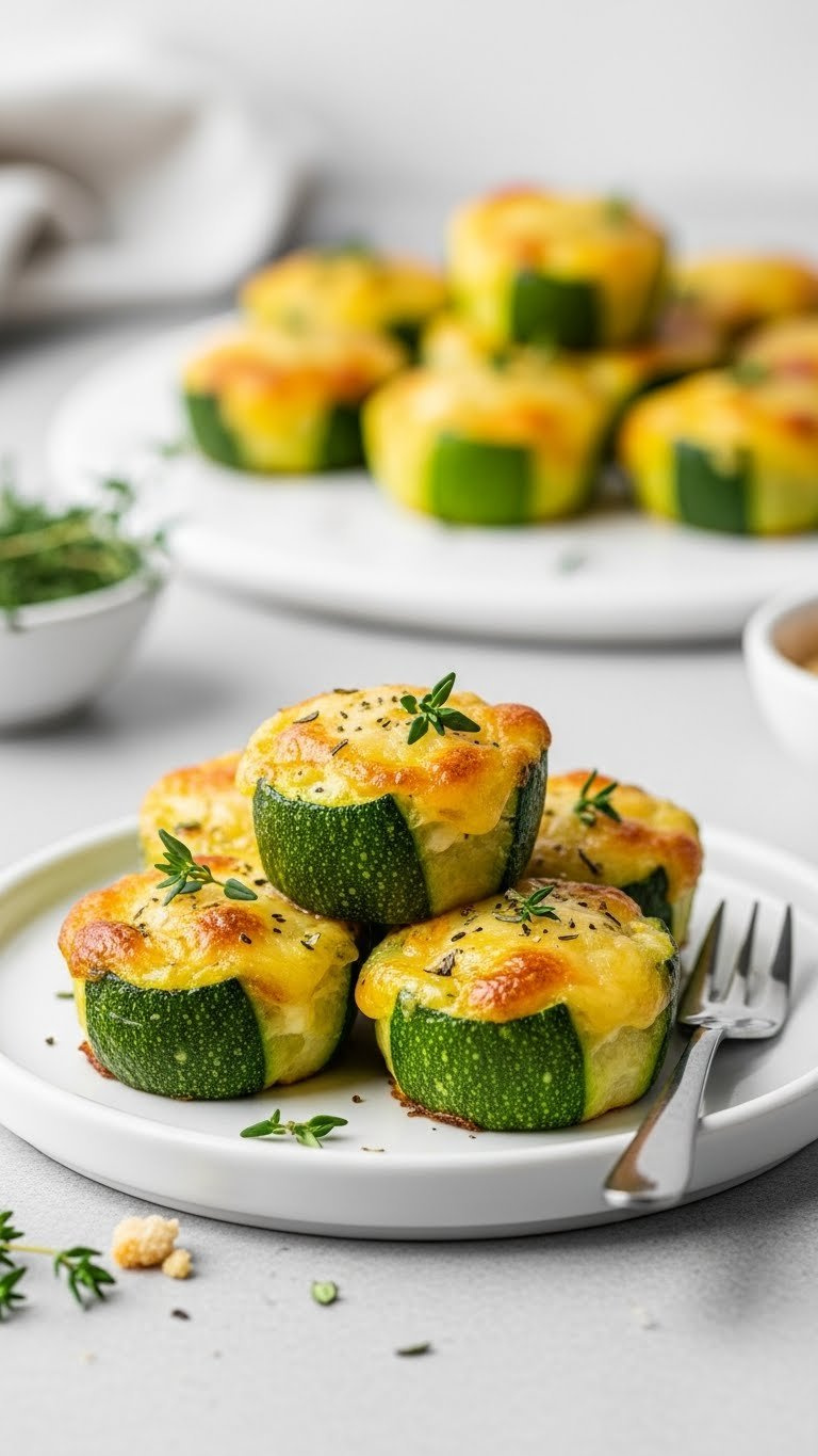 Golden-Brown Mini Zucchini And Cheese Bites With Melted Cheese Flecks On White Ceramic Plate With Fresh Thyme