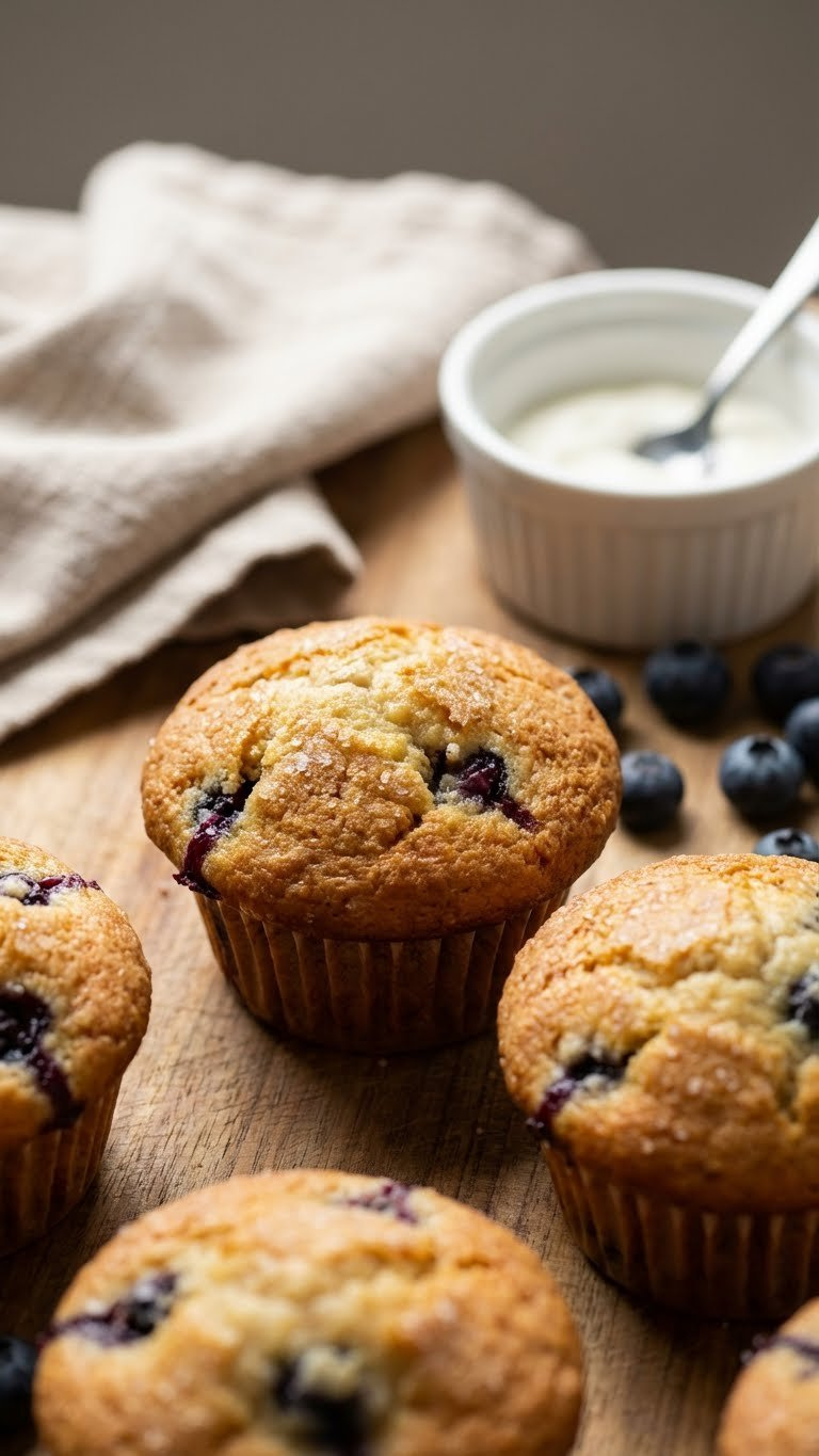 Golden-Brown, Moist Blueberry Muffins On A Rustic Wooden Table With Fresh Blueberries And Sour Cream, Lit By Soft Natural Light.