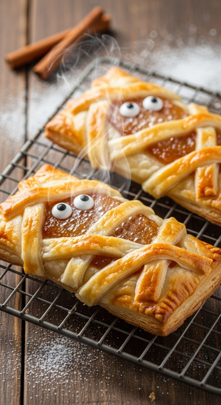 Golden-Brown Mummy Apple Hand Pies With Googly Eyes And Cinnamon Filling On A Cooling Rack. Warm, Spooky Halloween Treat.