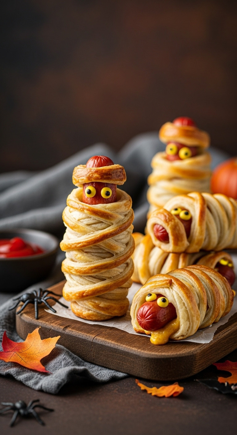 Golden-Brown Mummy Dogs Wrapped In Flaky Pastry With Mustard Eyes, One Unwrapped, On A Rustic Wooden Board With Ketchup, Halloween Appetizer.