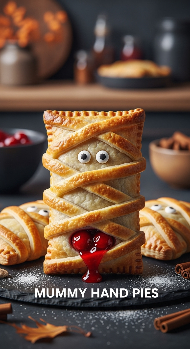 Golden Brown Mummy Hand Pies With Oozy Cherry Filling And Candy Eyeballs On A Dark Slate Platter With Powdered Sugar And Cinnamon Sticks