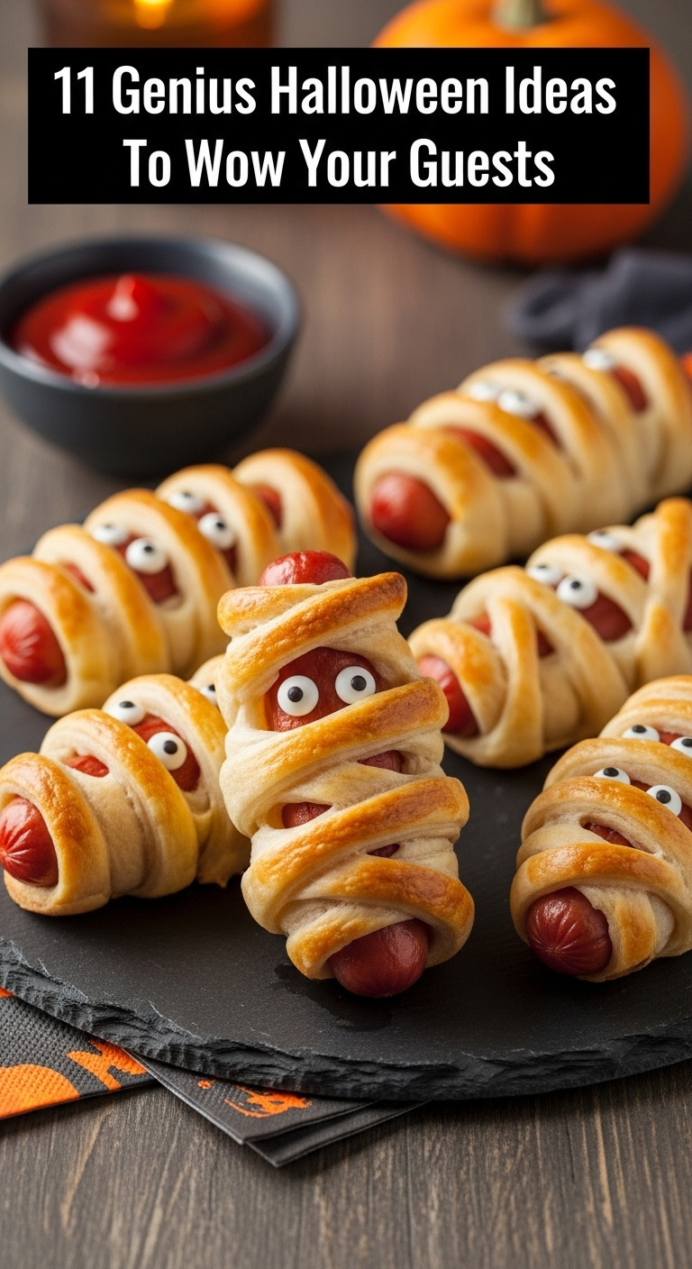 Golden Brown Mummy Hot Dogs With Candy Eyes On A Dark Slate Platter With Ketchup And Napkins