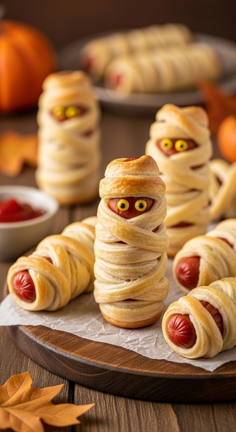Golden-Brown Mummy Hot Dogs With Puffed Bandages And Bright Mustard Eyes On A Rustic Wooden Board, Accompanied By Ketchup, Ideal Halloween Party Food.