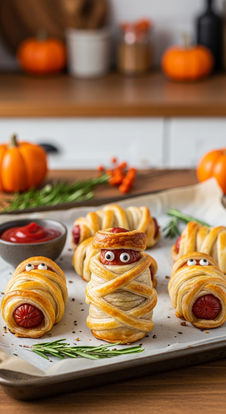 Golden-Brown Mummy Sausage Rolls With Crispy Puff Pastry, Candy Eyes, Ketchup, And Rosemary On A Rustic Baking Sheet.