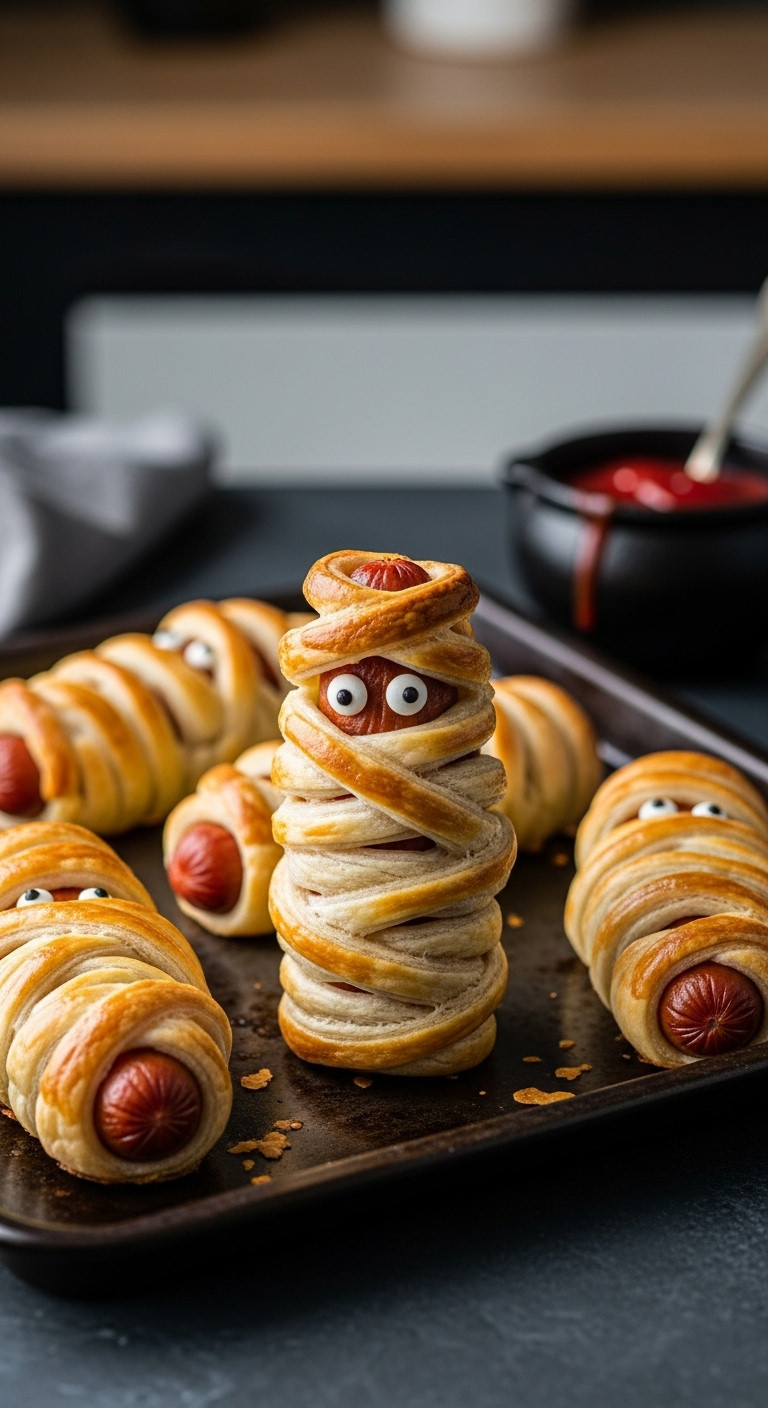 Golden-Brown Mummy Veggie Hot Dogs With Googly Eyes, Flaky Pastry On A Rustic Baking Sheet. Spooky Halloween Party Food.