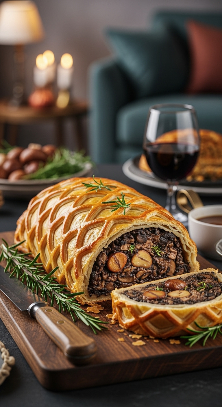 Golden Brown Mushroom Wellington With Lattice Pattern Sliced Open Revealing Rich Filling On A Rustic Cutting Board With Rosemary