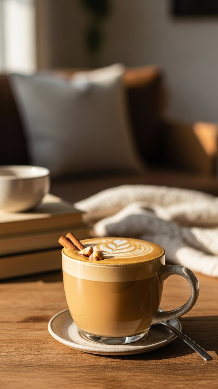 Golden-Brown Nutty Coffee Drink With Latte Art Swirl In Ceramic Mug On Rustic Wooden Table.