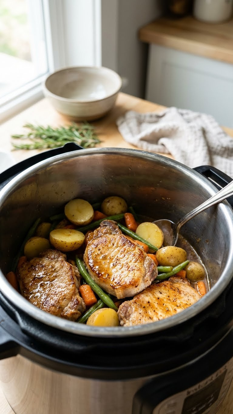 Golden-Brown One-Pot Instant Pot Pork Chops And Baby Potatoes With Green Beans, Served Directly From The Inner Pot.
