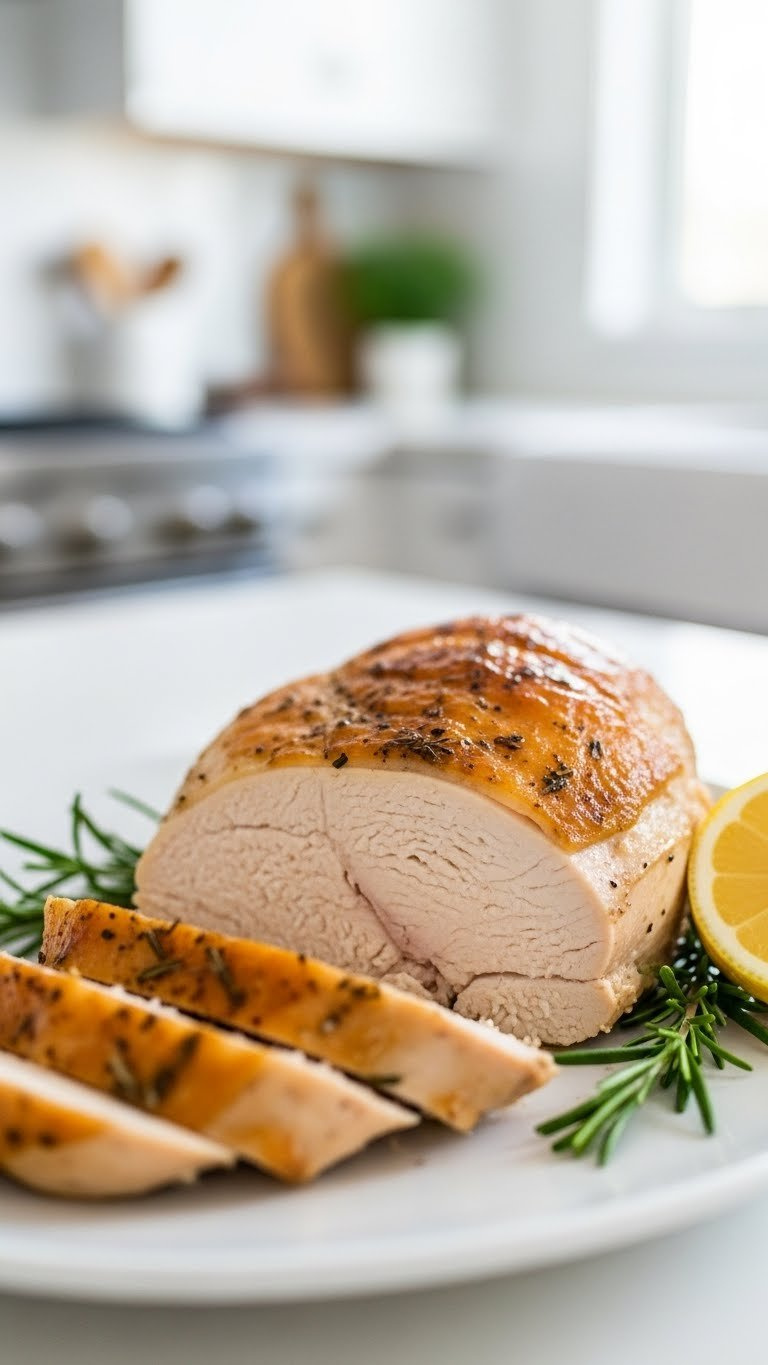 Golden Brown Oven Baked Chicken Breast Sliced To Show Juicy Interior On White Platter With Rosemary Sprig And Lemon Wedge Garnish