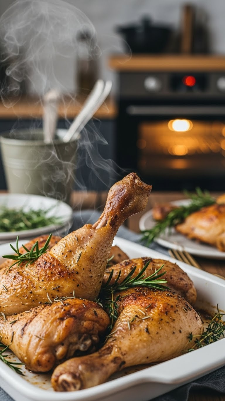Golden-Brown Oven Baked Chicken Legs With Crispy Skin On White Ceramic Platter Surrounded By Fresh Herbs In Cozy Kitchen Setting