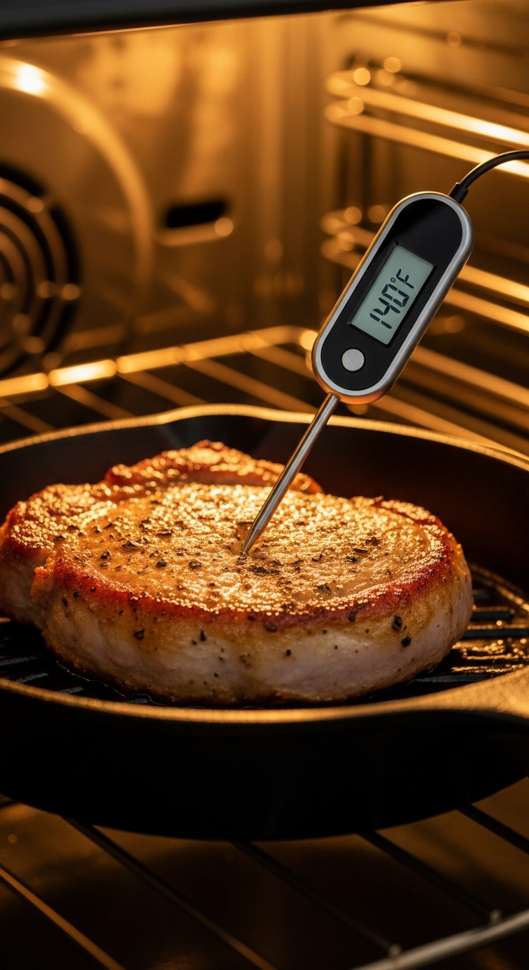 Golden-Brown Oven-Roasted Pork Chop In A Skillet With A Digital Thermometer Reading 140F Inside A Warm Oven