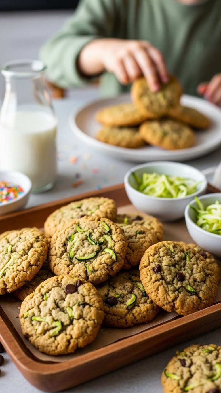 Golden-Brown Paleo Zucchini Cookies With Chocolate Chips On Rustic Wooden Tray With Almond Milk