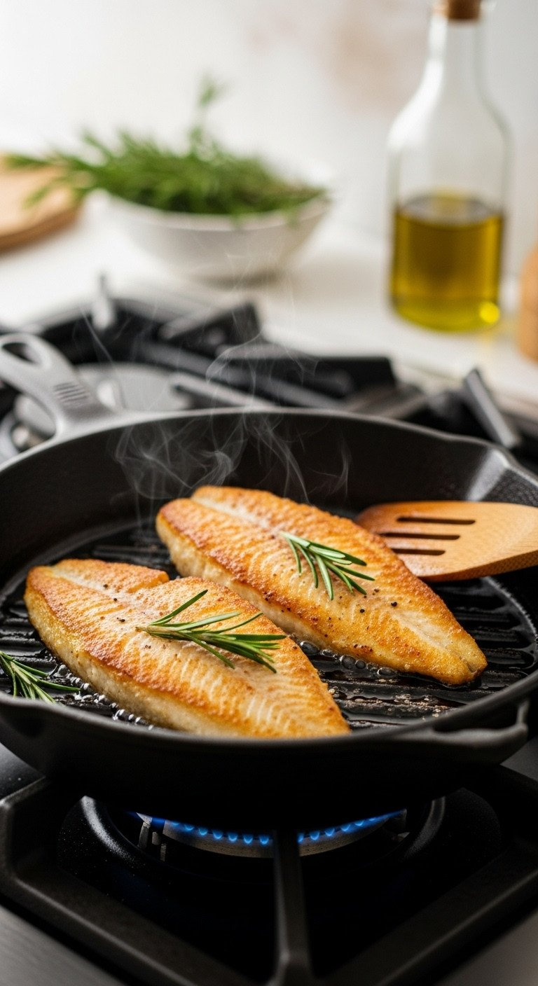 Golden-Brown Pan-Fried Tilapia Fillets With Crispy Crust In A Hot Cast Iron Skillet, Rosemary, Olive Oil, Evoking A Cozy Kitchen.
