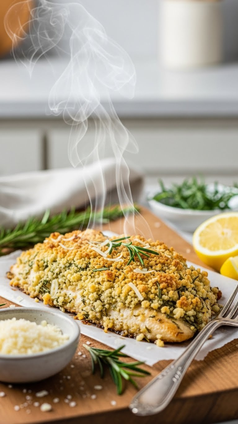 Golden-Brown Parmesan Crusted Tilapia Fillet With Crispy Exterior On A Rustic Cutting Board, Garnished With Lemon Slice
