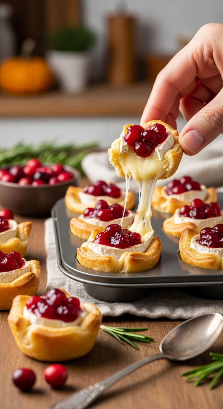 Golden Brown Pastry Cups With Melted Brie Cheese And Glistening Cranberry Sauce In A Mini Muffin Tin With A Slight Cheese Pull