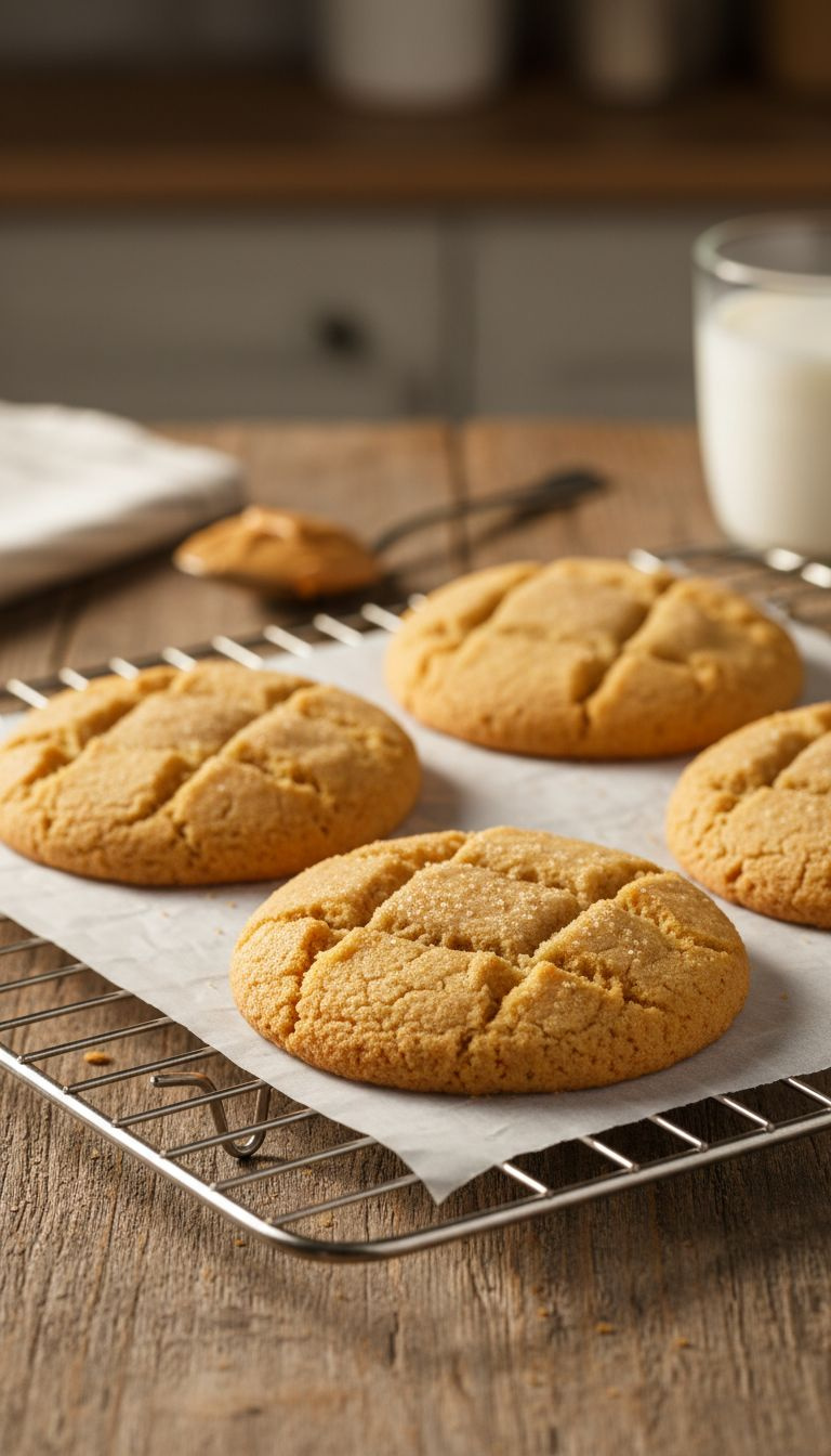 Golden-Brown Peanut Butter Cookies With Criss-Cross Pattern On A Cooling Rack, Served With Milk For A Cozy Treat.