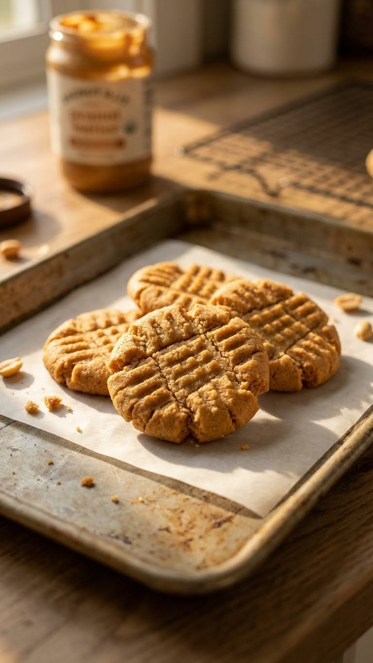 Golden-Brown Peanut Butter Cookies With Crosshatch Pattern, Made With Nut Butter Egg Substitute, On A Baking Sheet.