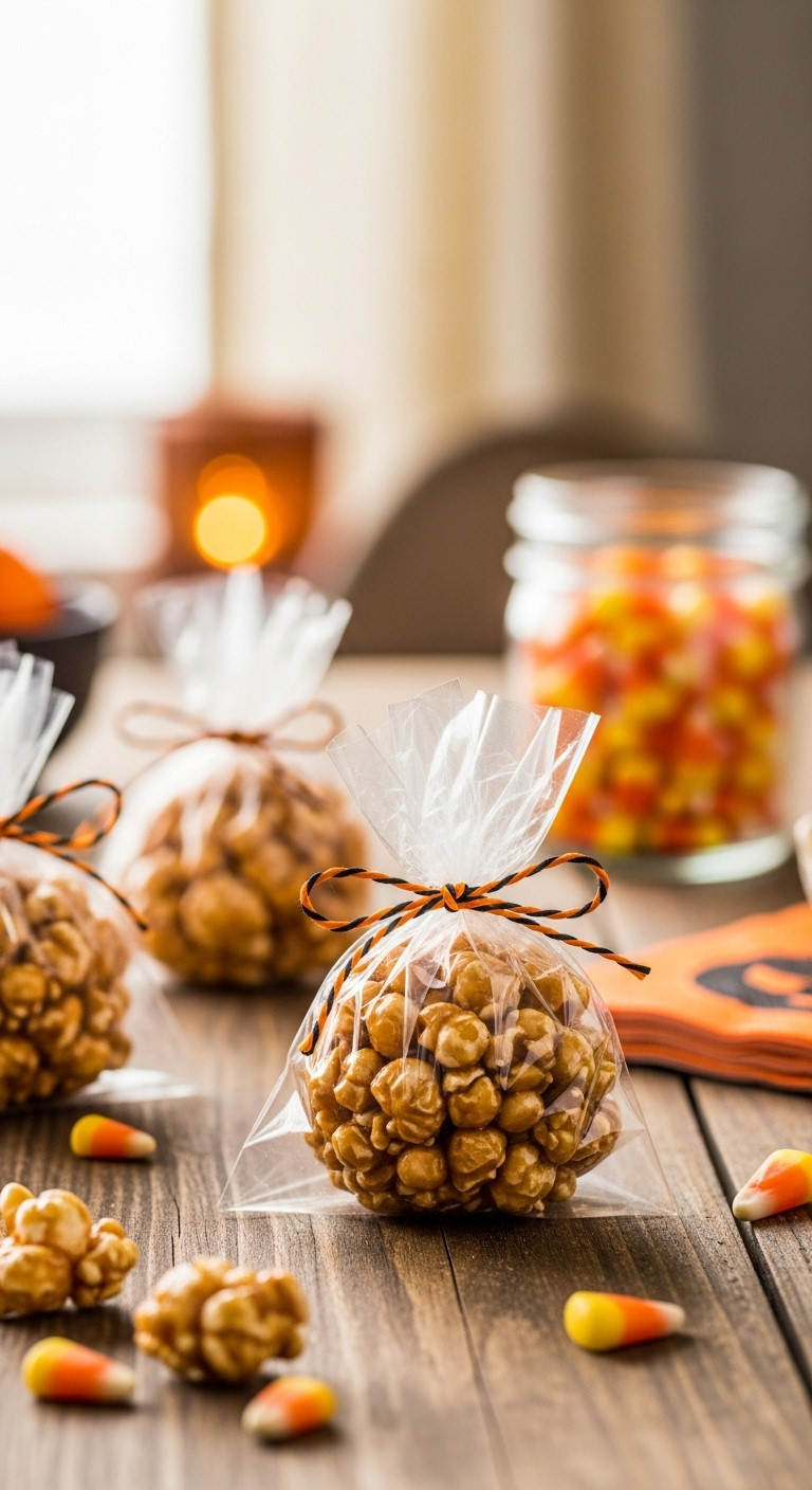 Golden-Brown Popcorn Ball In Clear Cellophane With Orange/Black Twine, On Rustic Wood. Blurred Autumn Decor, Candy Corn. Old-Fashioned Halloween Treat.
