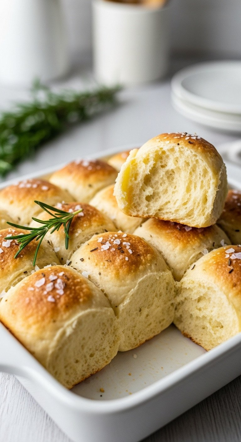 Golden-Brown Potato Dinner Rolls In White Dish, One Pulled. Soft, Fluffy, Fresh-Baked With Rosemary And Sea Salt.