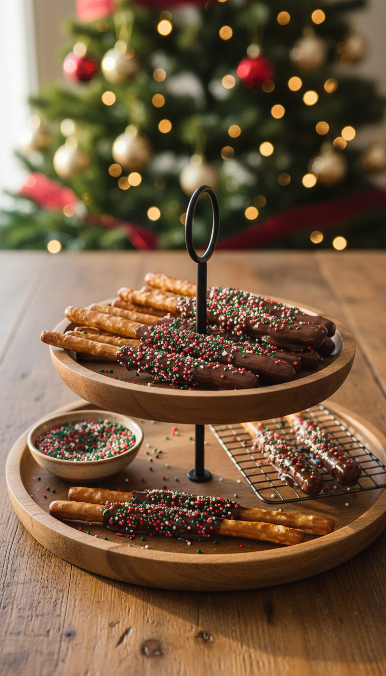 Golden-Brown Pretzel Rods Half-Dipped In Dark Chocolate With Festive Red &Amp; Green Sprinkles On A Tiered Tray, Perfect Holiday Sharing Dessert.