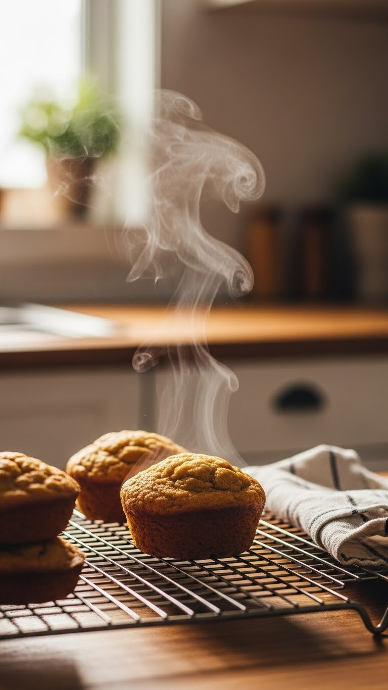 Golden-Brown Protein Muffin Cooling On Wire Rack With Steam Rising From Freshly Baked Goods