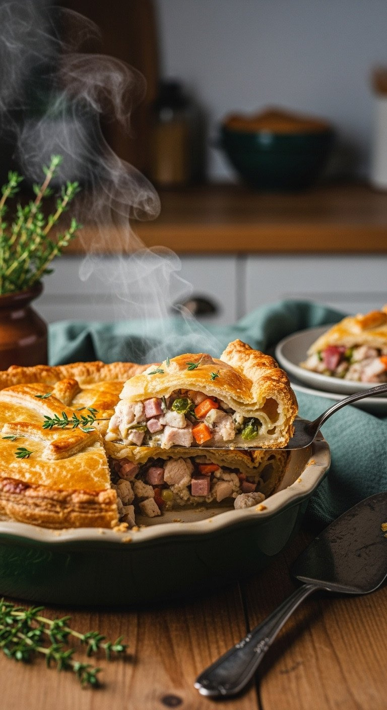 Golden-Brown Puff Pastry Pie, Slice Removed, Showing Creamy Turkey, Ham, Vegetable Filling In Rustic Dish On Wood With Thyme.