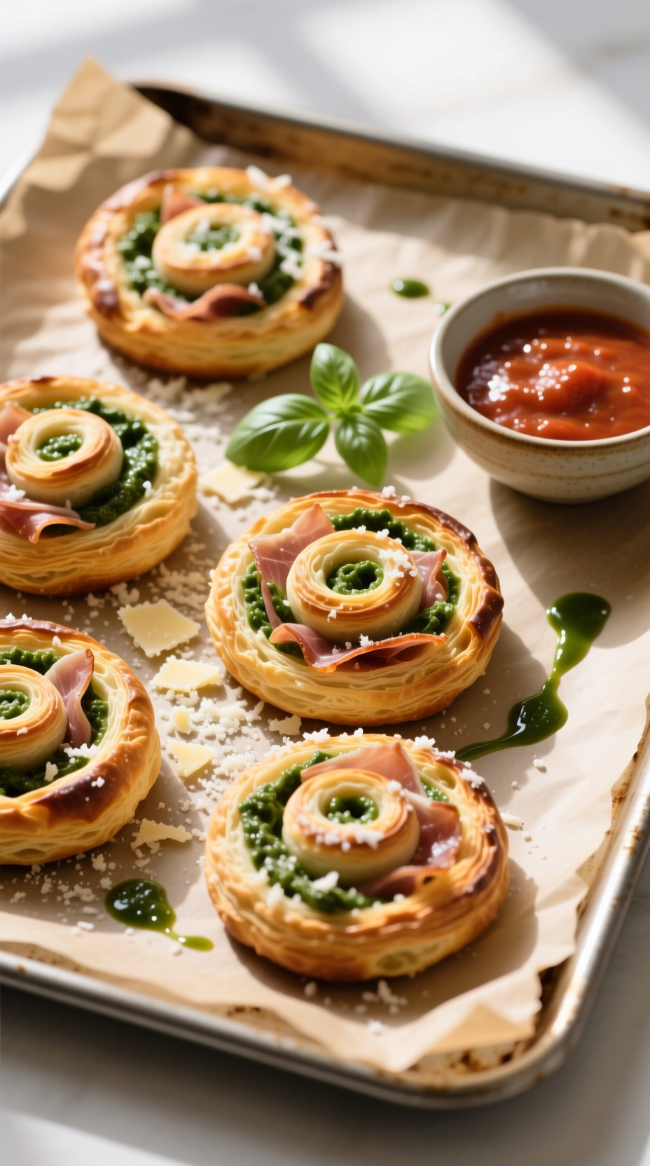 Golden-Brown Puff Pastry Pinwheels With Prosciutto, Pesto, Parmesan, Basil, And Marinara On Baking Sheet.