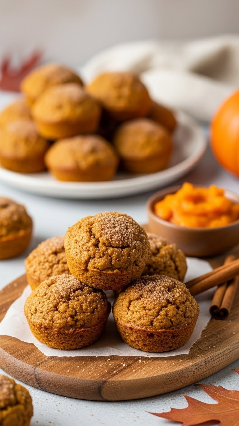 Golden-Brown Pumpkin Bread Bites With Cinnamon Dusting On Rustic Wooden Board With Autumn Elements
