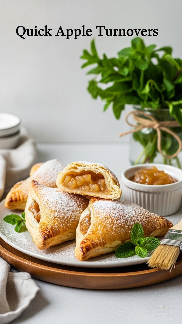 Golden Brown Quick Apple Turnovers, Powdered Sugar Dusted, With Flaky Pastry And Warm Apple Filling On A Rustic Platter.