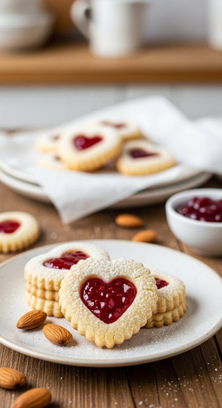 Golden-Brown Raspberry Almond Thumbprint Heart Cookies Dusted With Powdered Sugar On A Rustic Wooden Table.
