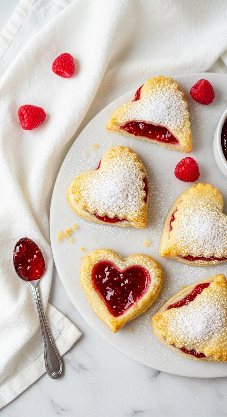 Golden-Brown Raspberry Jam Puff Pastry Hearts, Powdered Sugar, Vibrant Red Jam, Flaky Texture On White Marble, With Fresh Raspberries.