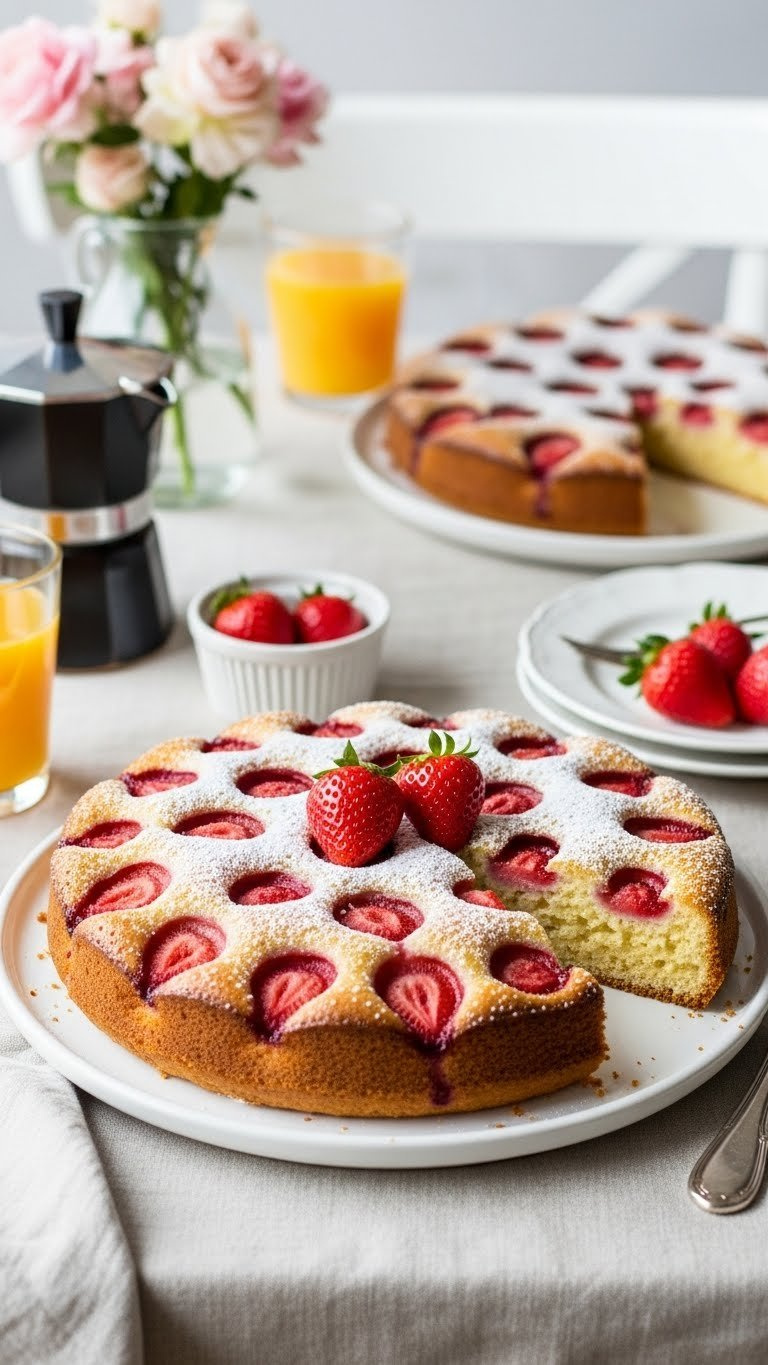 Golden-Brown Ricotta Strawberry Breakfast Cake With Fresh Berries And Powdered Sugar On Linen Tablecloth