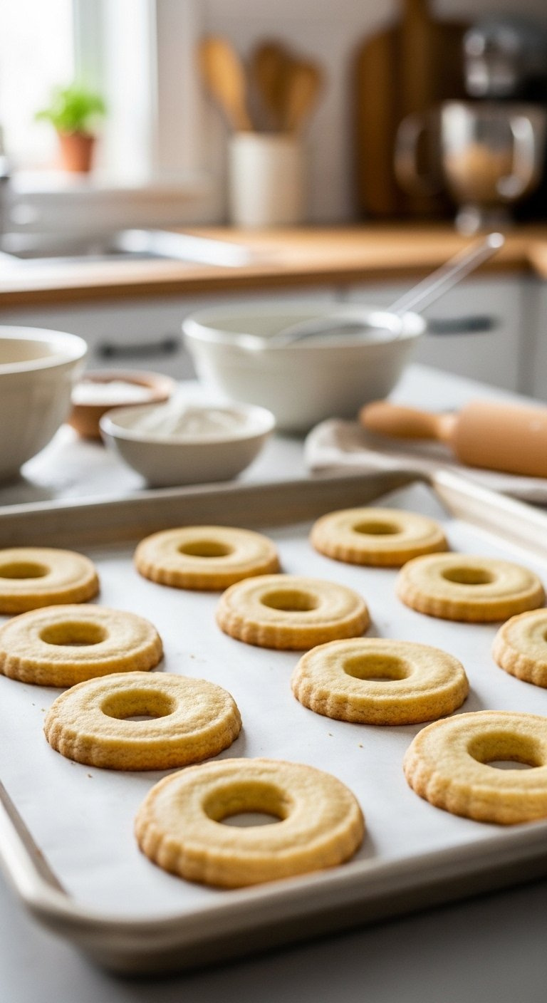 Golden-Brown, Ring-Shaped Shortbread Cookies Are Neatly Arranged On A Parchment-Lined Baking Sheet In A Warm, Sunlit Kitchen.