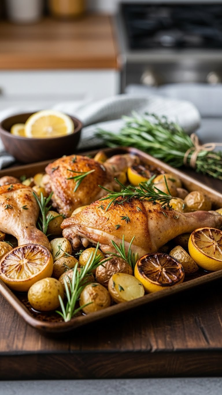 Golden-Brown Roast Lemon Herb Chicken Thigh With Crispy Skin Nestled Among Caramelized Potatoes And Lemon Wedges On Rustic Wooden Board