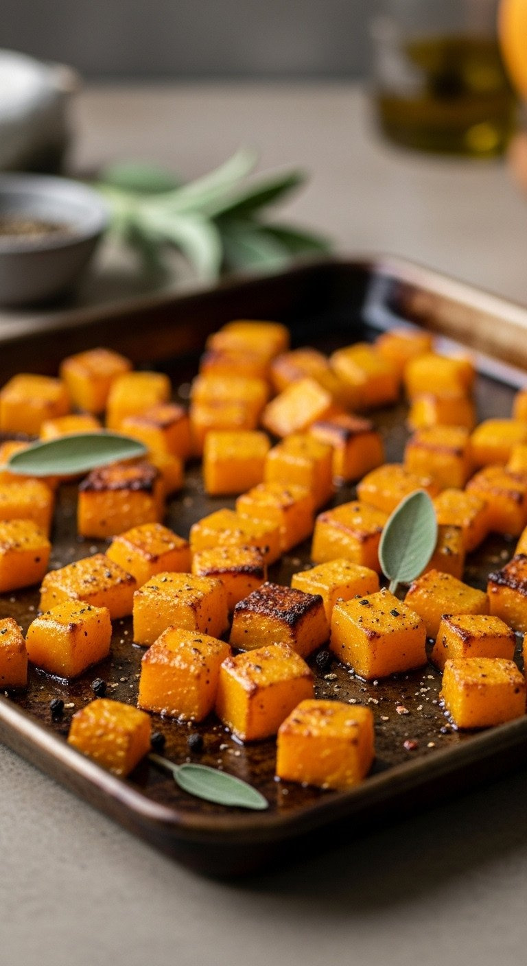 Golden-Brown Roasted Butternut Squash Cubes With Crispy Edges On A Rustic Baking Sheet, Garnished With Fresh Sage And Peppercorns. Cozy Fall Recipe.