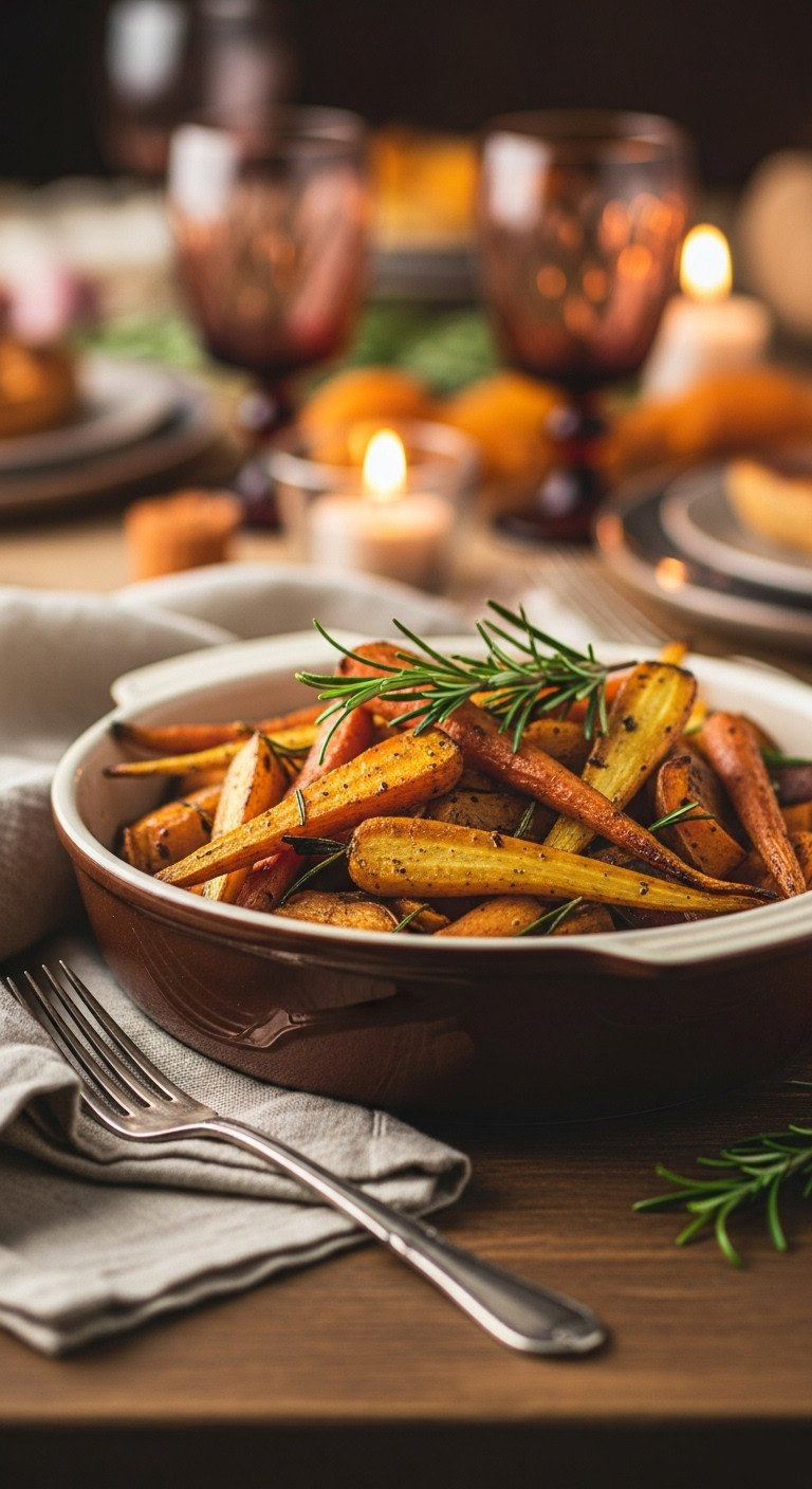 Golden-Brown Roasted Carrots, Parsnips, Sweet Potatoes With Rosemary In A Rustic Ceramic Bowl. Delicious, Warm Thanksgiving Side Dish.