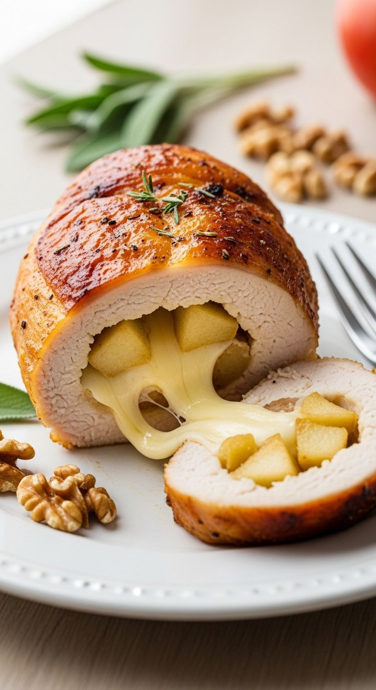 Golden-Brown Roasted Chicken Breast, Sliced To Show Melted Cheddar And Apple Filling, Fresh Sage On Wood Table.