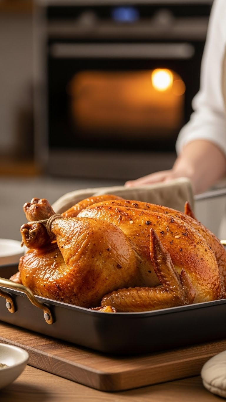 Golden Brown Roasted Chicken Fresh From Oven Resting On Rustic Wooden Board In Roasting Pan