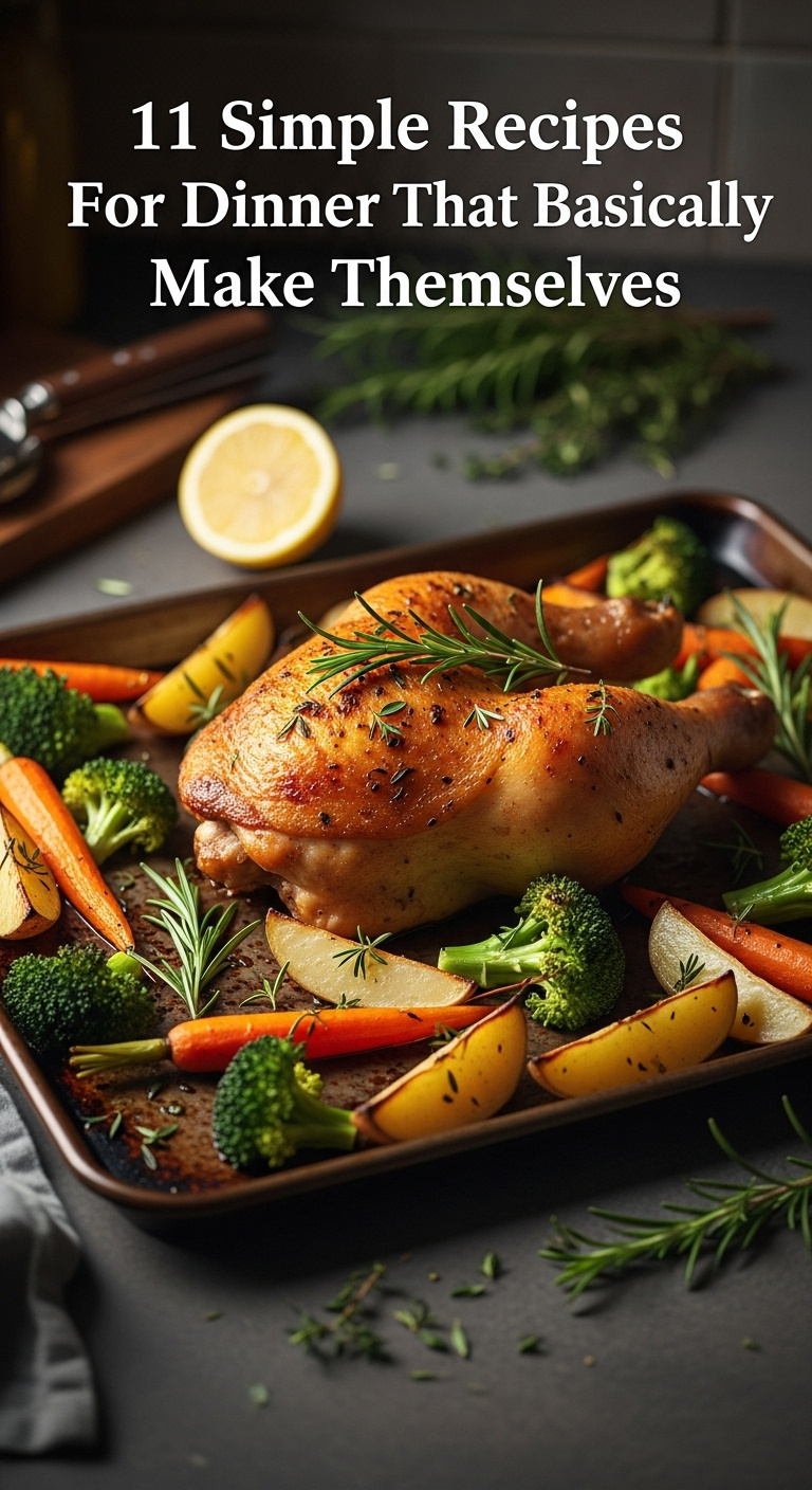 Golden Brown Roasted Chicken Thigh With Caramelized Vegetables On A Sheet Pan Garnished With Rosemary And Lemon Half