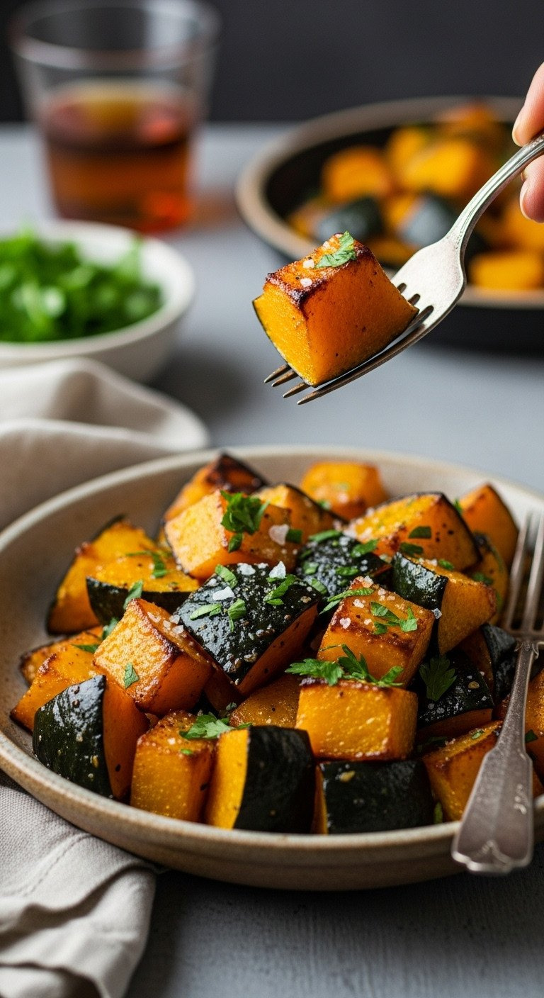 Golden-Brown Roasted Kabocha Squash Cubes In A Rustic Ceramic Dish, Garnished With Fresh Parsley And Flaky Sea Salt.
