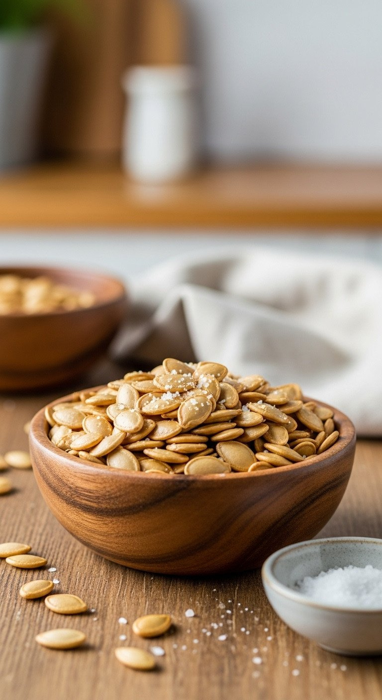 Golden-Brown Roasted Pumpkin Seeds, Simply Salted, In A Rustic Wooden Bowl On A Warm Wooden Table With Scattered Seeds.