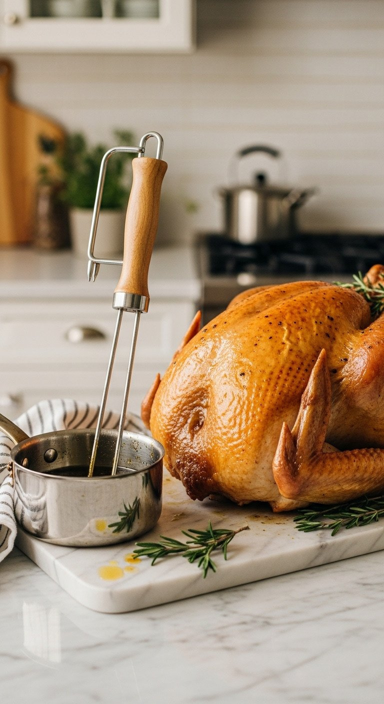 Golden Brown Roasted Turkey On Marble, With An Unused Baster &Amp; Pan Drippings. Highlights The No-Basting Cooking Technique.