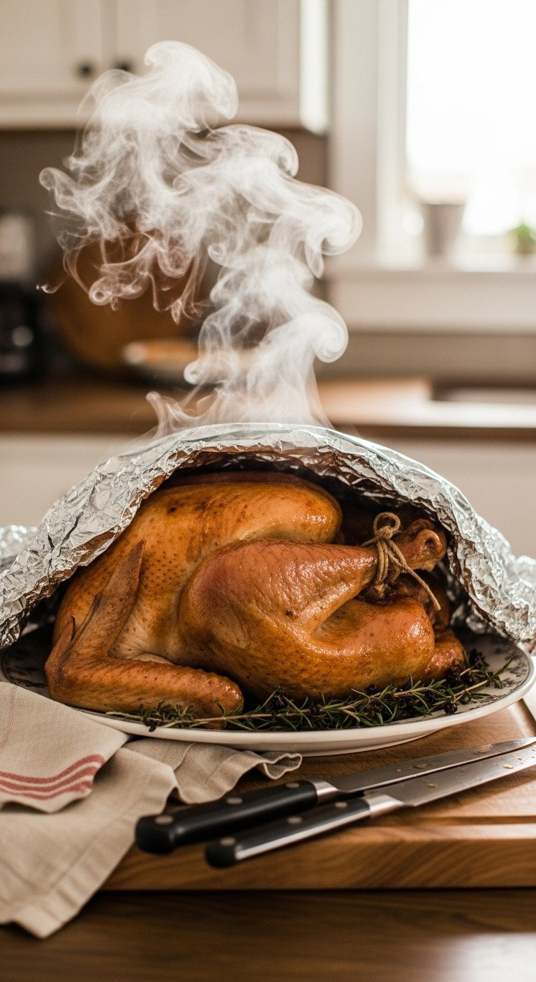 Golden Brown Roasted Turkey Resting Under Foil And Linen On A Wooden Carving Board. Ensures Juicy, Tender Holiday Meat.