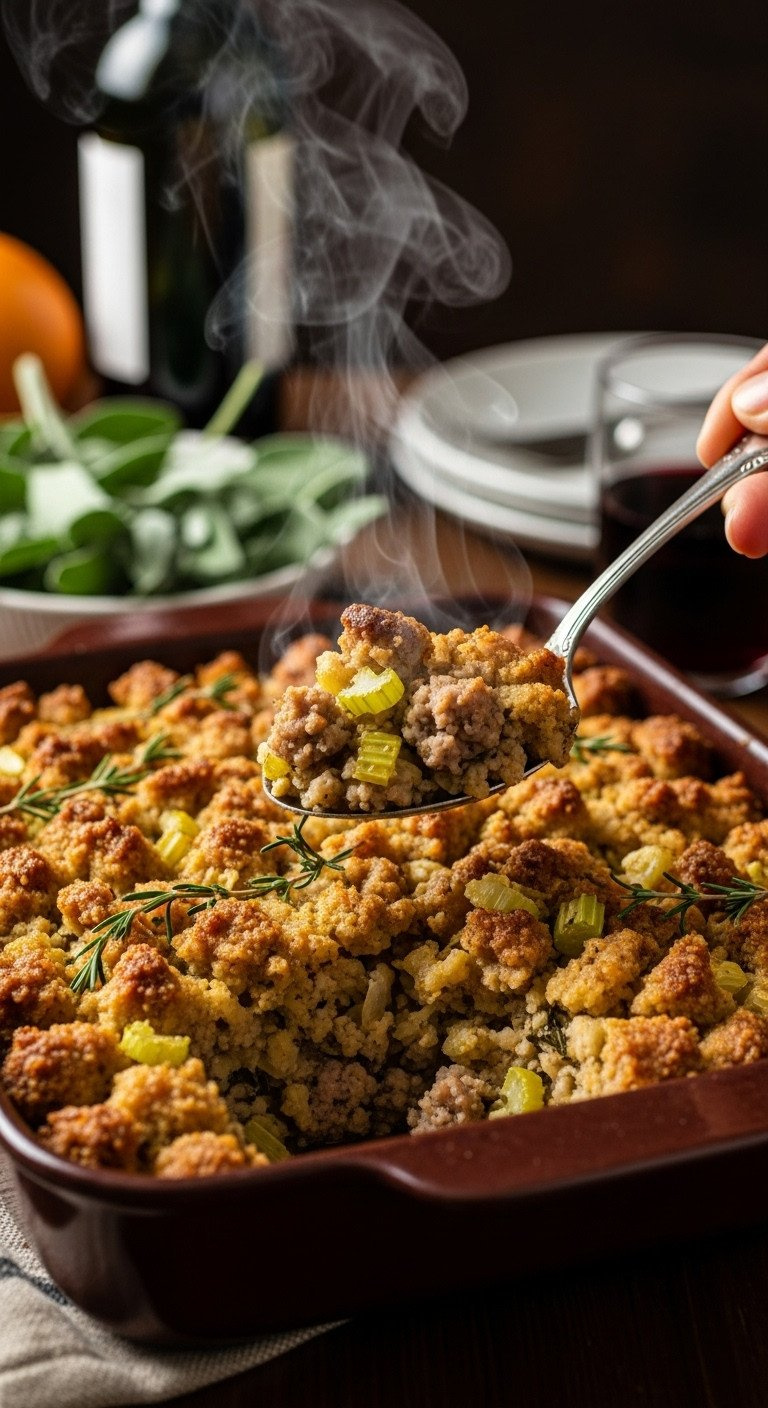 Golden-Brown Sausage And Herb Stuffing In A Rustic Dish, Crispy Top, Moist Interior, A Delicious Holiday Side.