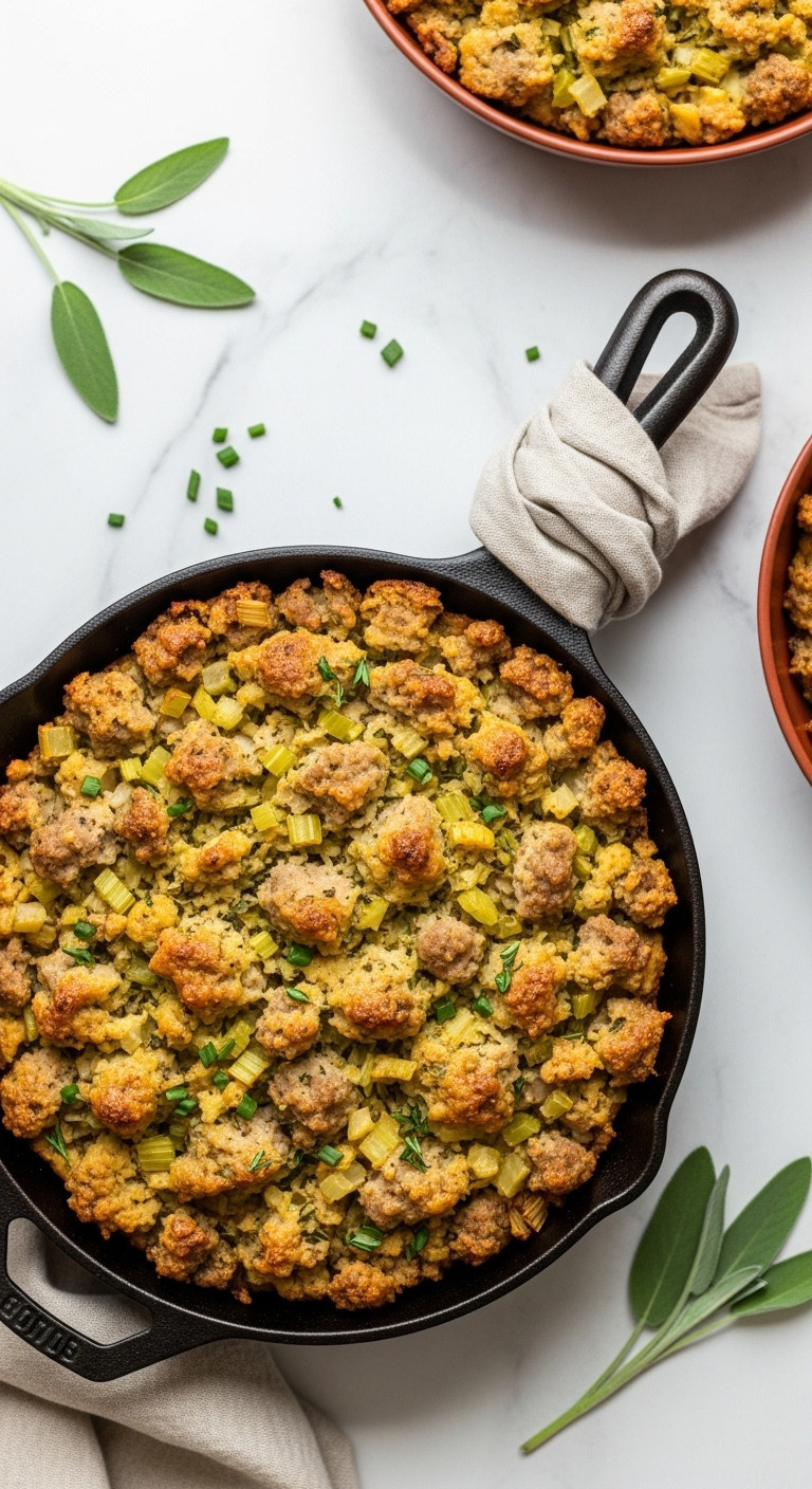 Golden-Brown Sausage And Herb Stuffing With Crispy Top In A Cast-Iron Skillet On A Marble Countertop, Perfect For Holidays.