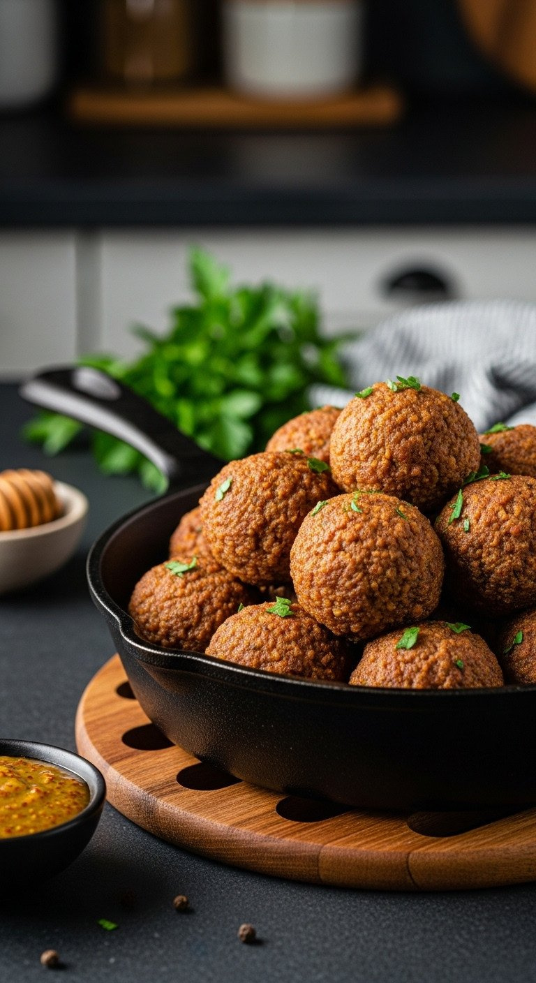 Golden-Brown Sausage Balls In A Rustic Cast-Iron Skillet With Honey Mustard Dip. Perfect Savory Party Appetizer.