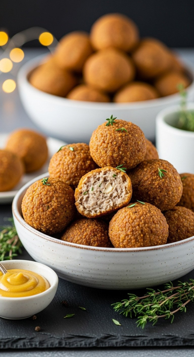 Golden-Brown Sausage Balls With Cheese, Piled In A Rustic White Bowl With Honey Mustard &Amp; Thyme. Classic Savory Party Appetizer Recipe.
