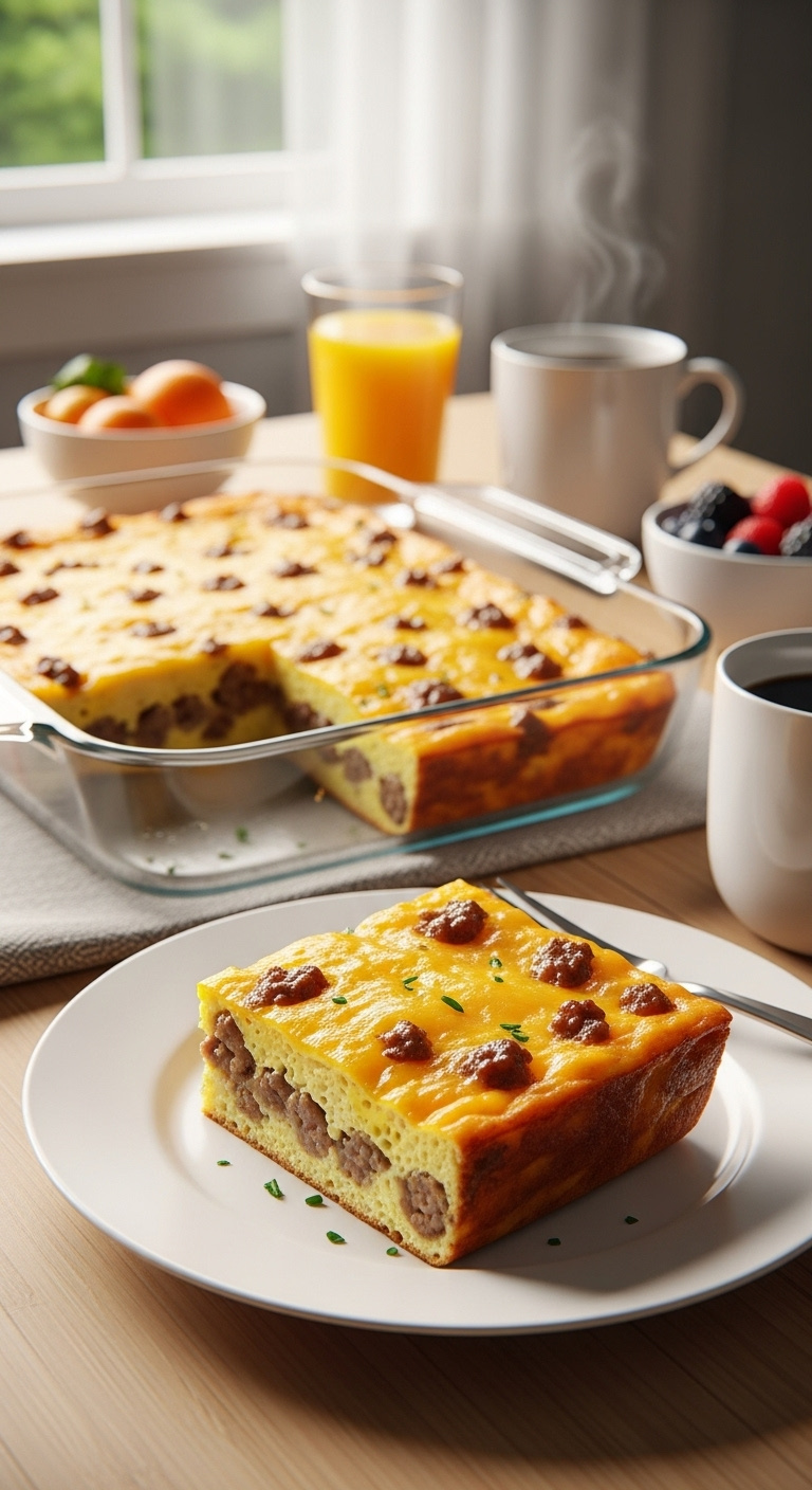 Golden Brown Sausage Egg And Cheese Breakfast Casserole In Glass Dish With A Square Slice Showing Fluffy Egg Crumbled Sausage And Melted Cheese