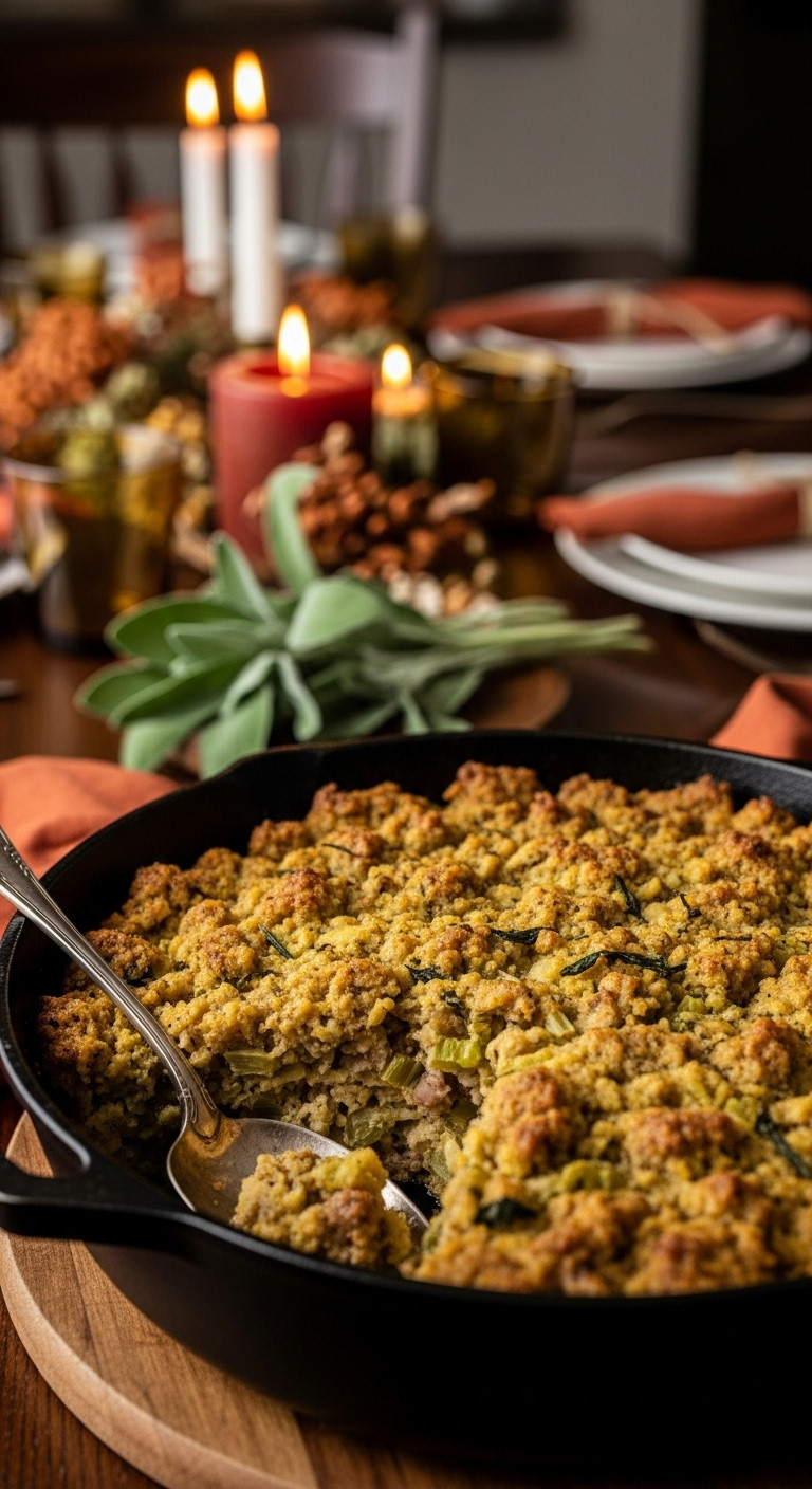 Golden-Brown Sausage &Amp; Sage Stuffing In Cast-Iron Skillet, Crispy Top, Herbs. Cozy Thanksgiving Side.